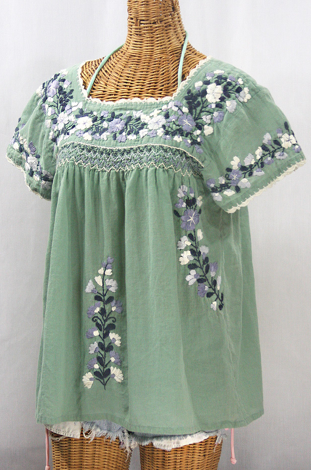 "La Marina Corta" Embroidered Mexican Peasant Blouse - Sage Green + Grey Mix