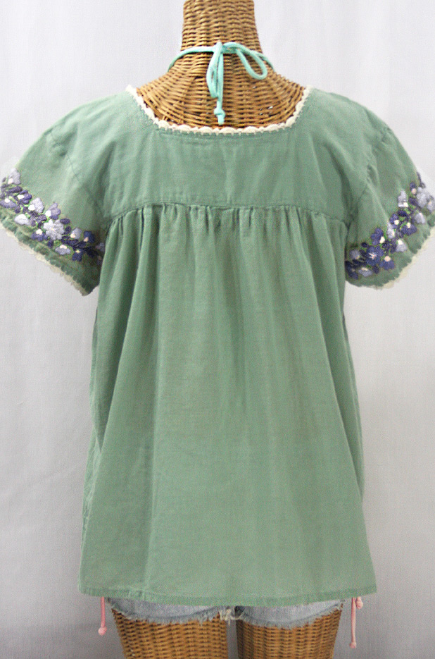 "La Marina Corta" Embroidered Mexican Peasant Blouse - Sage Green + Grey Mix