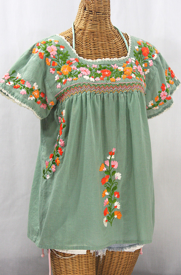 "La Marina Corta" Embroidered Mexican Peasant Blouse - Sage Green + Orange Mix