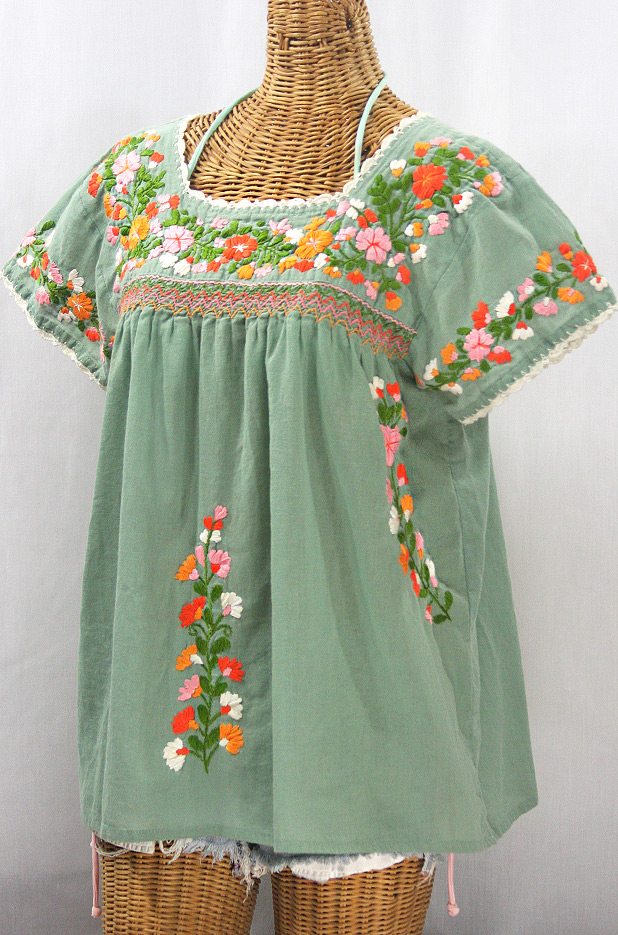 "La Marina Corta" Embroidered Mexican Peasant Blouse - Sage Green + Orange Mix