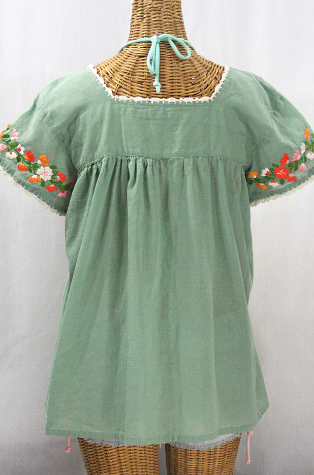 "La Marina Corta" Embroidered Mexican Peasant Blouse - Sage Green + Orange Mix