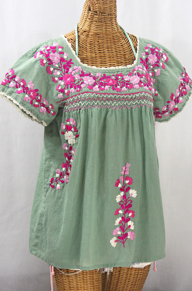 "La Marina Corta" Embroidered Mexican Peasant Blouse - Sage Green + Bright Pink Mix