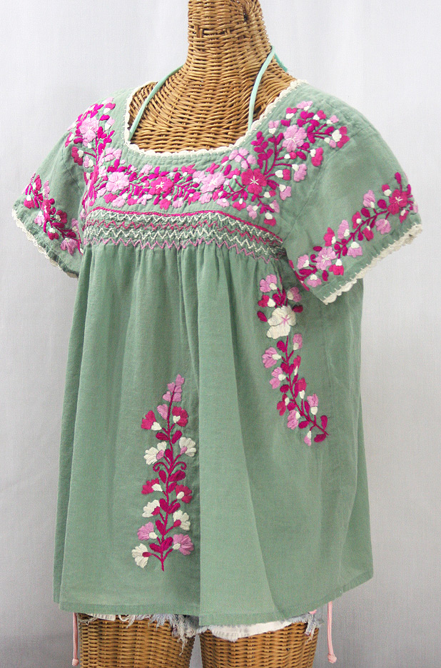 "La Marina Corta" Embroidered Mexican Peasant Blouse - Sage Green + Bright Pink Mix