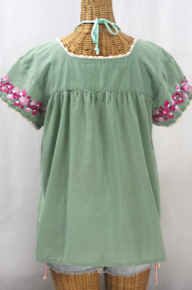 "La Marina Corta" Embroidered Mexican Peasant Blouse - Sage Green + Bright Pink Mix