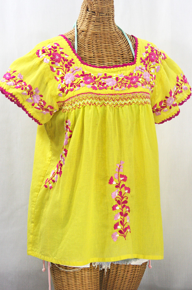 "La Marina Corta" Embroidered Mexican Peasant Blouse - Yellow + Bright Pink Mix