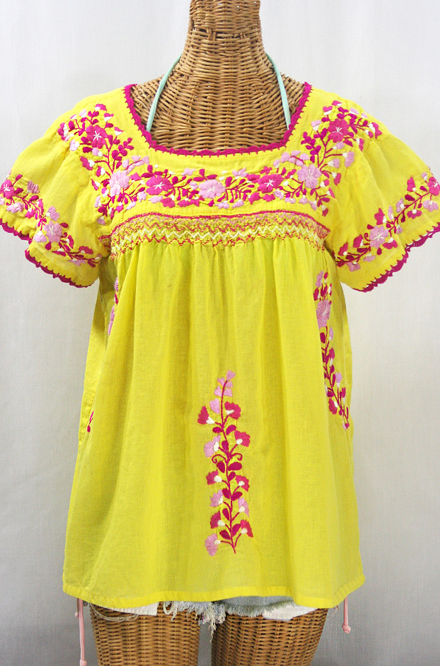 "La Marina Corta" Embroidered Mexican Peasant Blouse - Yellow + Bright Pink Mix