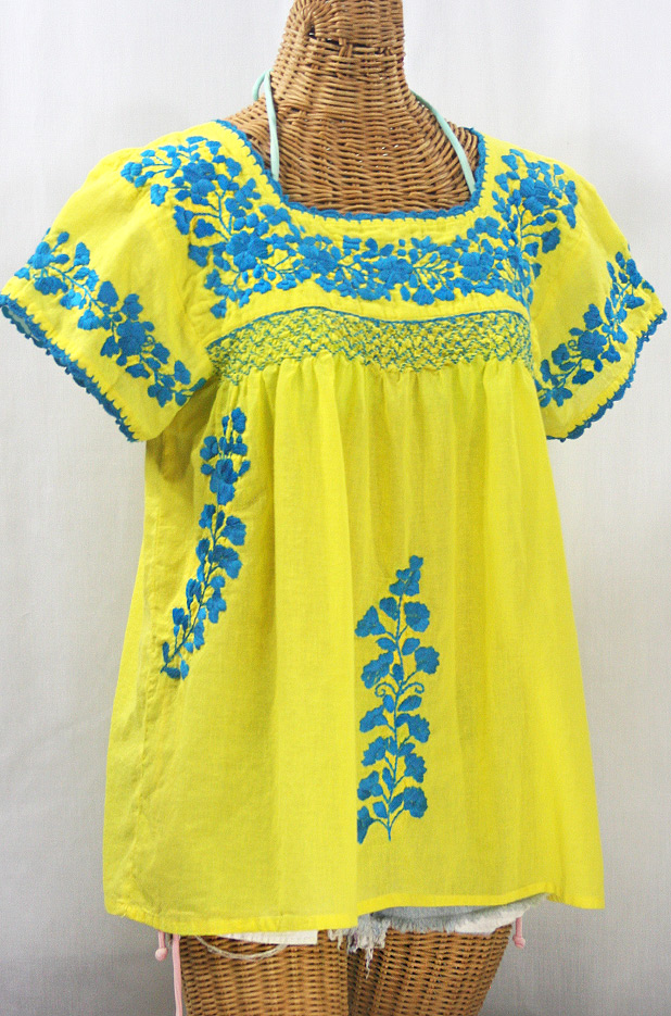 "La Marina Corta" Embroidered Mexican Peasant Blouse - Yellow + Turquoise