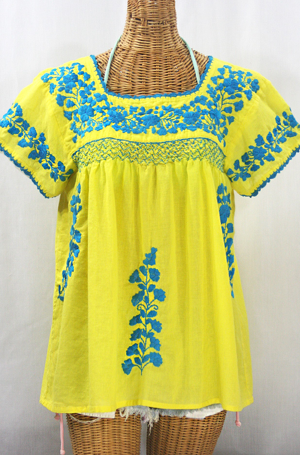 "La Marina Corta" Embroidered Mexican Peasant Blouse - Yellow + Turquoise