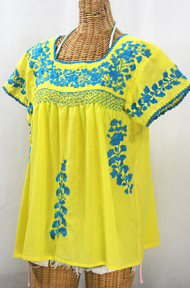 "La Marina Corta" Embroidered Mexican Peasant Blouse - Yellow + Turquoise