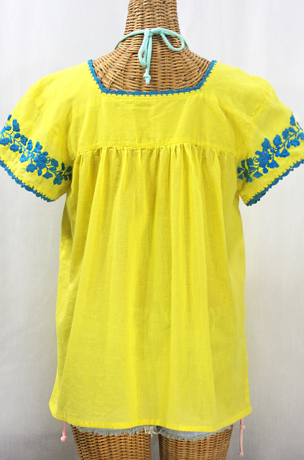 "La Marina Corta" Embroidered Mexican Peasant Blouse - Yellow + Turquoise