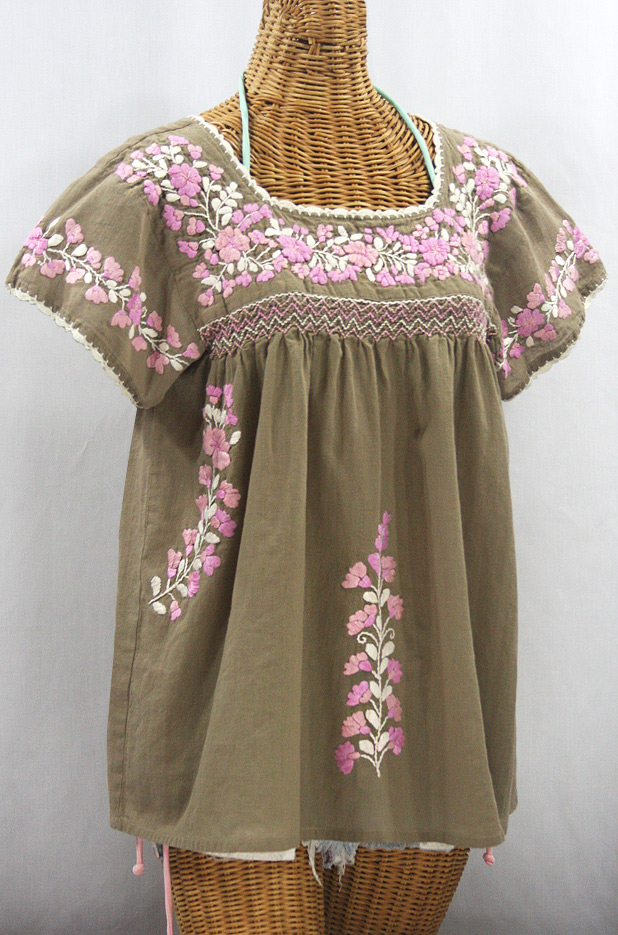 "La Marina Corta" Embroidered Mexican Peasant Blouse - Khaki + Pink Mix