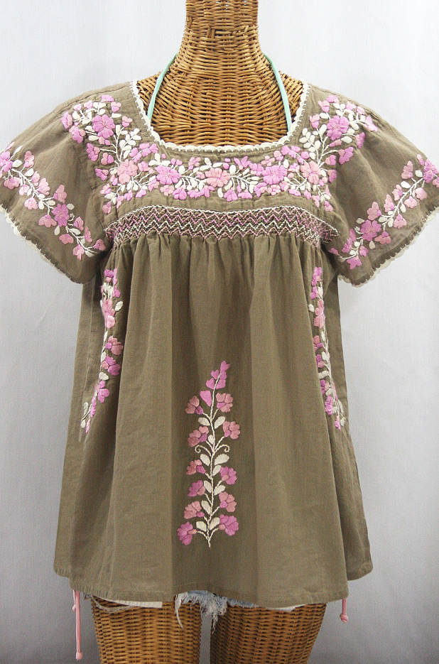 "La Marina Corta" Embroidered Mexican Peasant Blouse - Khaki + Pink Mix