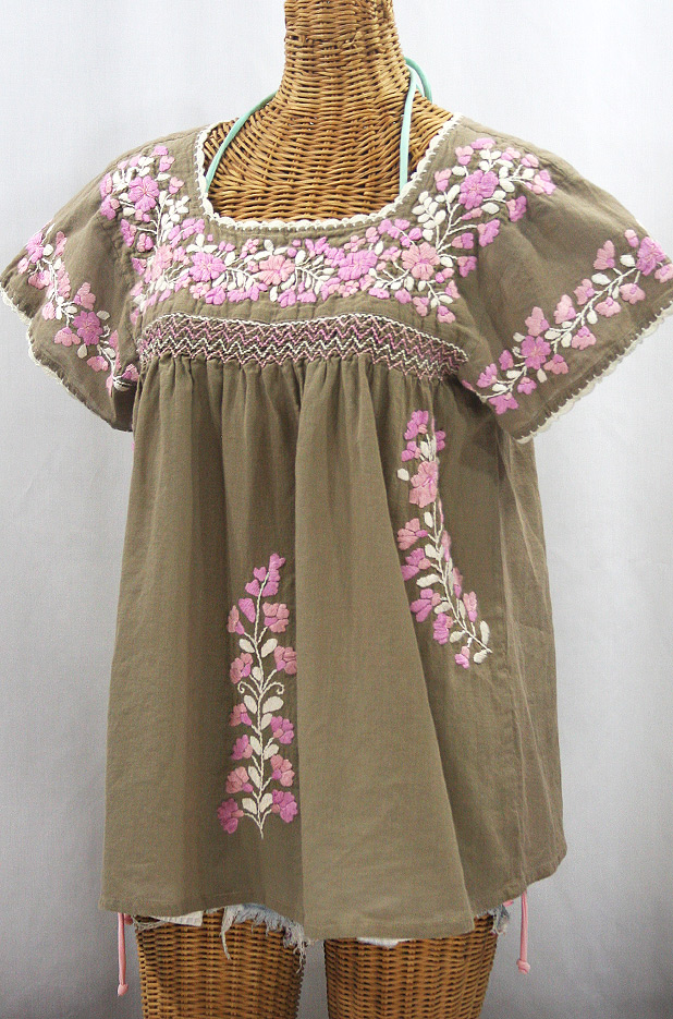 "La Marina Corta" Embroidered Mexican Peasant Blouse - Khaki + Pink Mix