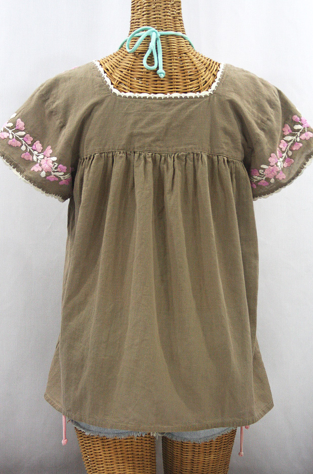 "La Marina Corta" Embroidered Mexican Peasant Blouse - Khaki + Pink Mix