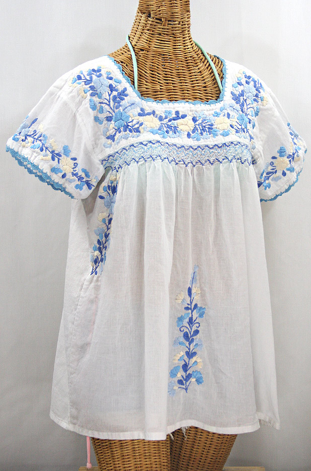 "La Marina Corta" Embroidered Mexican Peasant Blouse - White + Blue Mix