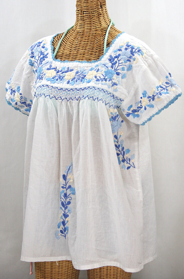 "La Marina Corta" Embroidered Mexican Peasant Blouse - White + Blue Mix