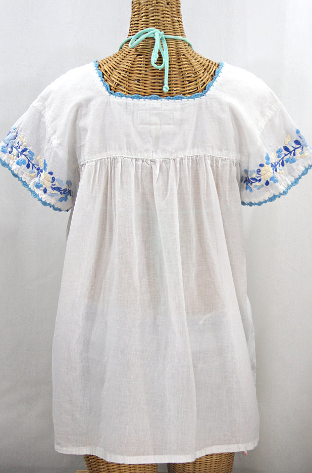 "La Marina Corta" Embroidered Mexican Peasant Blouse - White + Blue Mix