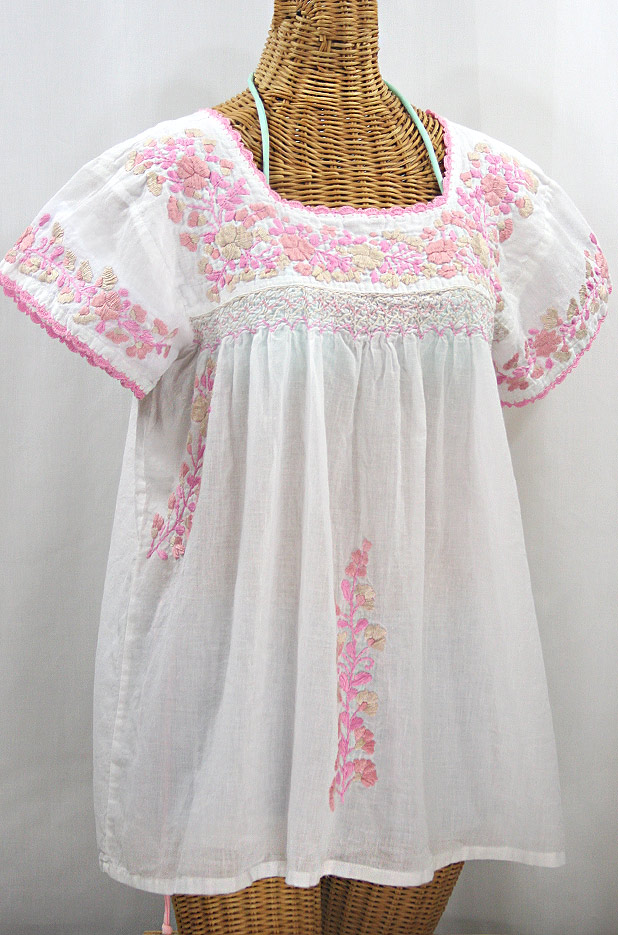 "La Marina Corta" Embroidered Mexican Peasant Blouse - White + Pink Mix