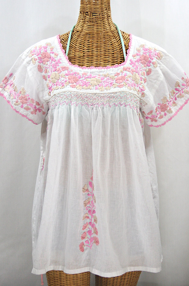 "La Marina Corta" Embroidered Mexican Peasant Blouse - White + Pink Mix