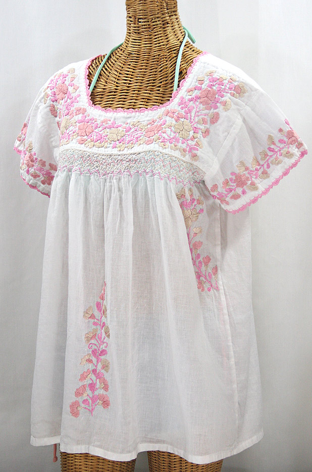 "La Marina Corta" Embroidered Mexican Peasant Blouse - White + Pink Mix