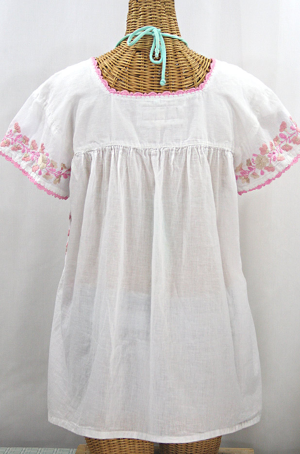 "La Marina Corta" Embroidered Mexican Peasant Blouse - White + Pink Mix