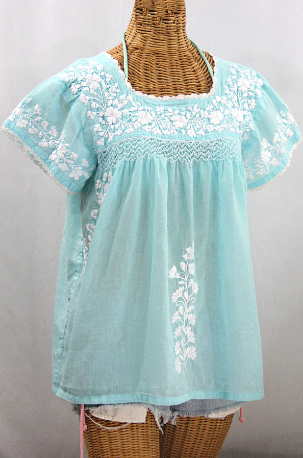 "La Marina Corta" Embroidered Mexican Peasant Blouse - Pale Blue + White