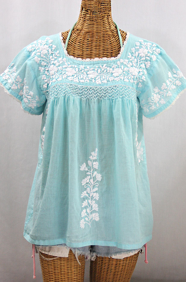 "La Marina Corta" Embroidered Mexican Peasant Blouse - Pale Blue + White