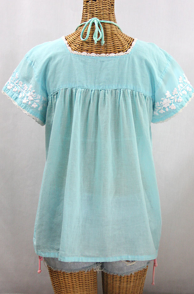 "La Marina Corta" Embroidered Mexican Peasant Blouse - Pale Blue + White