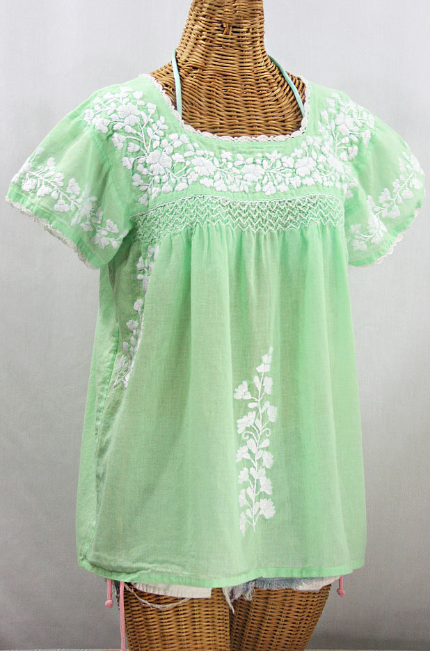 "La Marina Corta" Embroidered Mexican Peasant Blouse - Pale Green + White