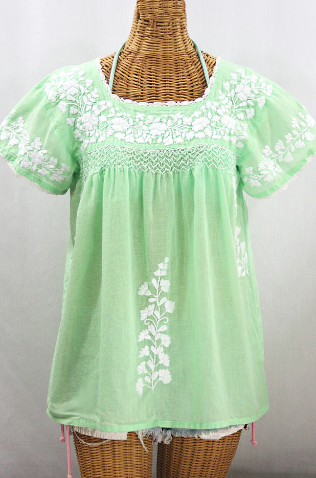 "La Marina Corta" Embroidered Mexican Peasant Blouse - Pale Green + White