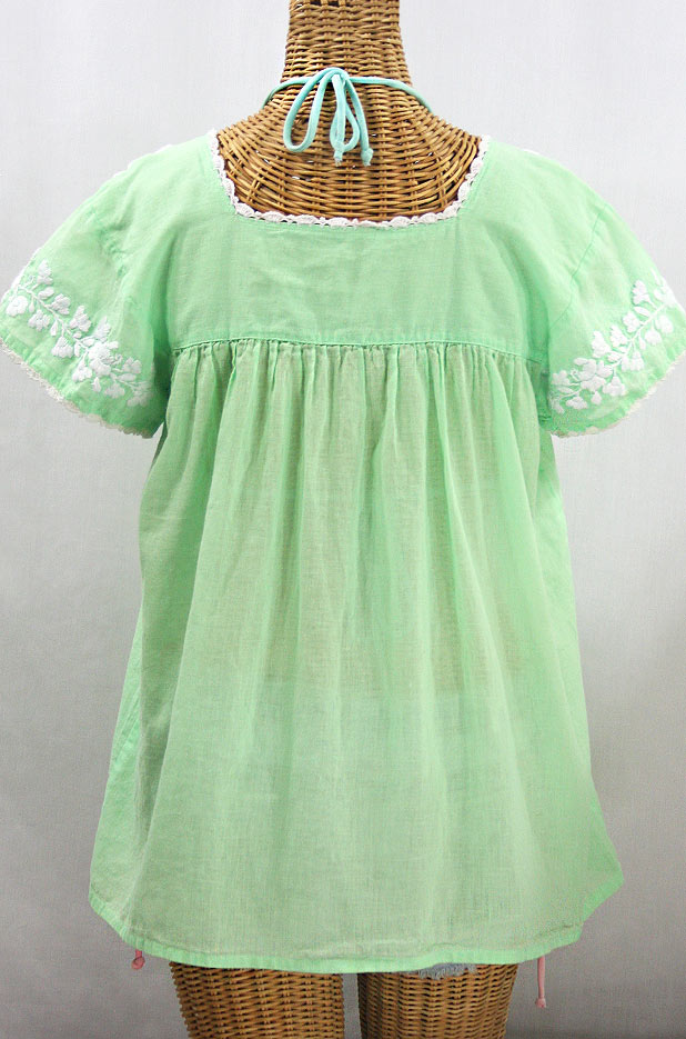 "La Marina Corta" Embroidered Mexican Peasant Blouse - Pale Green + White