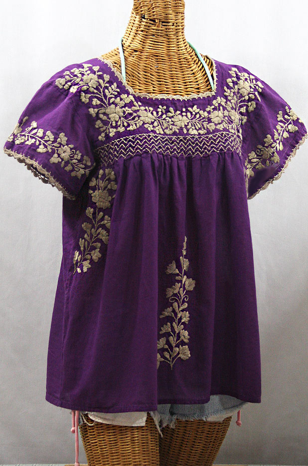 "La Marina Corta" Embroidered Mexican Peasant Blouse - Purple + Cocoa