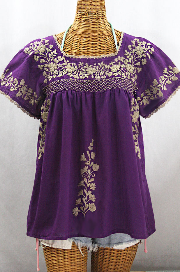 "La Marina Corta" Embroidered Mexican Peasant Blouse - Purple + Cocoa