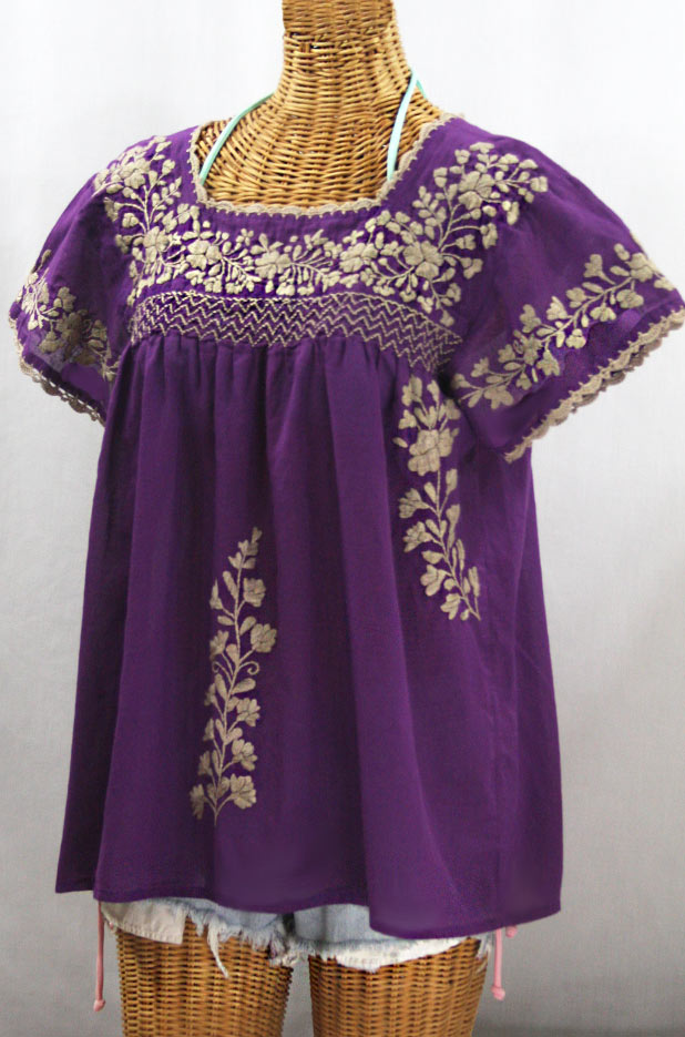 "La Marina Corta" Embroidered Mexican Peasant Blouse - Purple + Cocoa