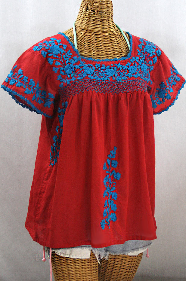 "La Marina Corta" Embroidered Mexican Peasant Blouse - Red + Turquoise