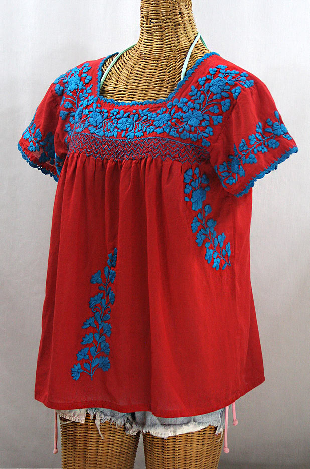 "La Marina Corta" Embroidered Mexican Peasant Blouse - Red + Turquoise