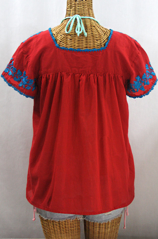 "La Marina Corta" Embroidered Mexican Peasant Blouse - Red + Turquoise