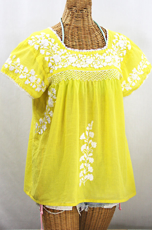 "La Marina Corta" Embroidered Mexican Peasant Blouse - Yellow + White