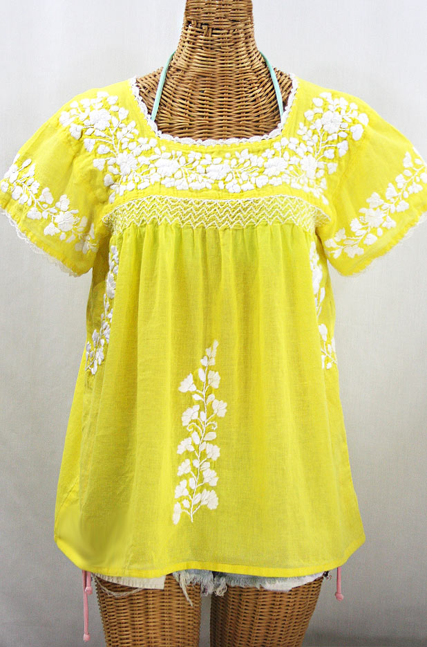 "La Marina Corta" Embroidered Mexican Peasant Blouse - Yellow + White