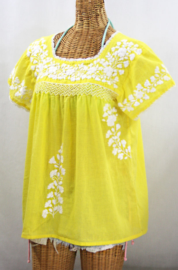 "La Marina Corta" Embroidered Mexican Peasant Blouse - Yellow + White