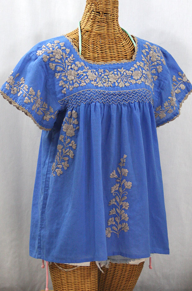 "La Marina Corta" Embroidered Mexican Peasant Blouse - Light Blue + Cocoa