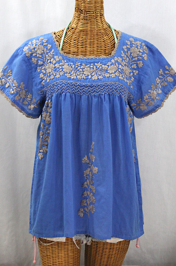 "La Marina Corta" Embroidered Mexican Peasant Blouse - Light Blue + Cocoa