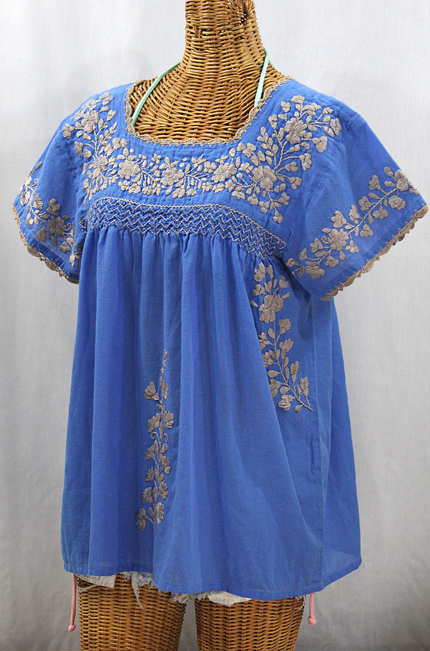 "La Marina Corta" Embroidered Mexican Peasant Blouse - Light Blue + Cocoa