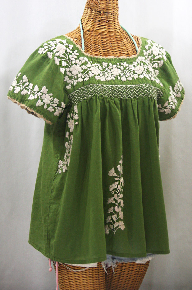 "La Marina Corta" Embroidered Mexican Peasant Blouse - Fern + Cream