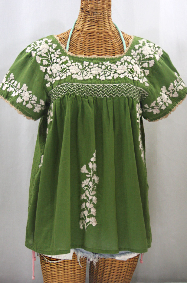 "La Marina Corta" Embroidered Mexican Peasant Blouse - Fern + Cream