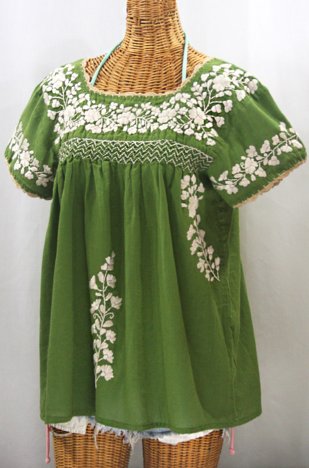 "La Marina Corta" Embroidered Mexican Peasant Blouse - Fern + Cream