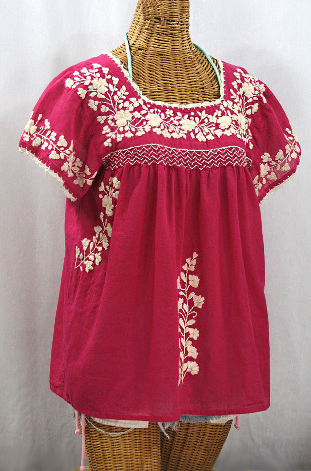 "La Marina Corta" Embroidered Mexican Peasant Blouse - Raspberry + Cream