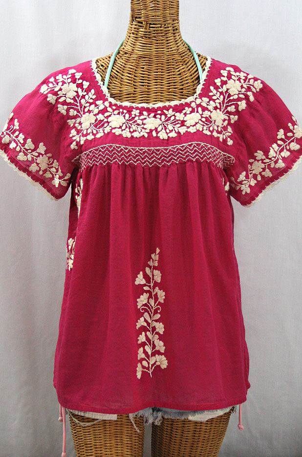 "La Marina Corta" Embroidered Mexican Peasant Blouse - Raspberry + Cream