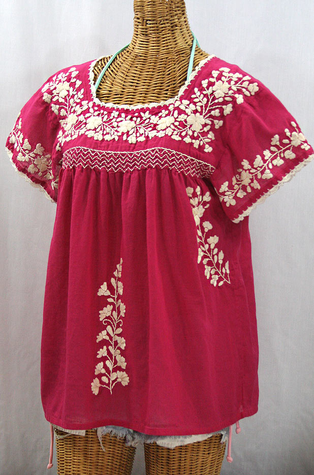 "La Marina Corta" Embroidered Mexican Peasant Blouse - Raspberry + Cream