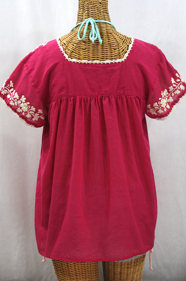 "La Marina Corta" Embroidered Mexican Peasant Blouse - Raspberry + Cream